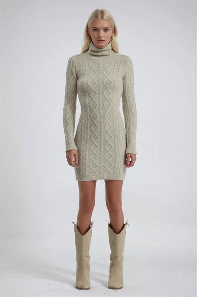 Sobe Istanbul Vestito Mini Beige In Maglione A Collo Alto Abbigliamento all'ingrosso Modesto