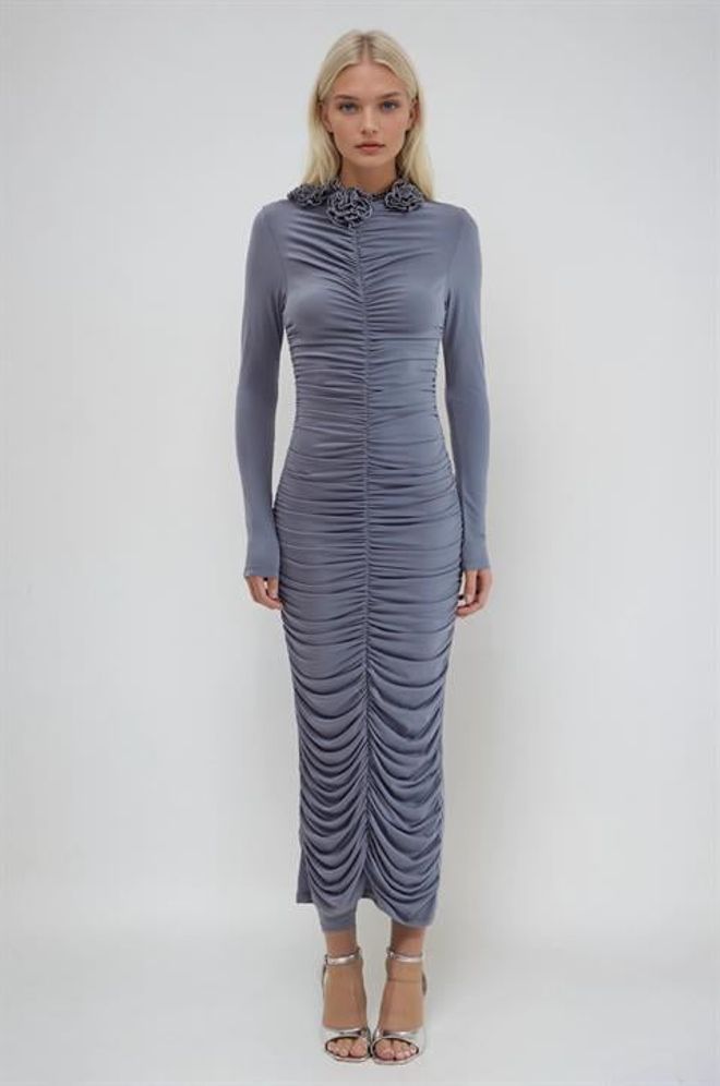 Sobe Istanbul Elegante Vestito Grigio Bodycon Midi Con Collo Alto Abbigliamento all'ingrosso Sexy