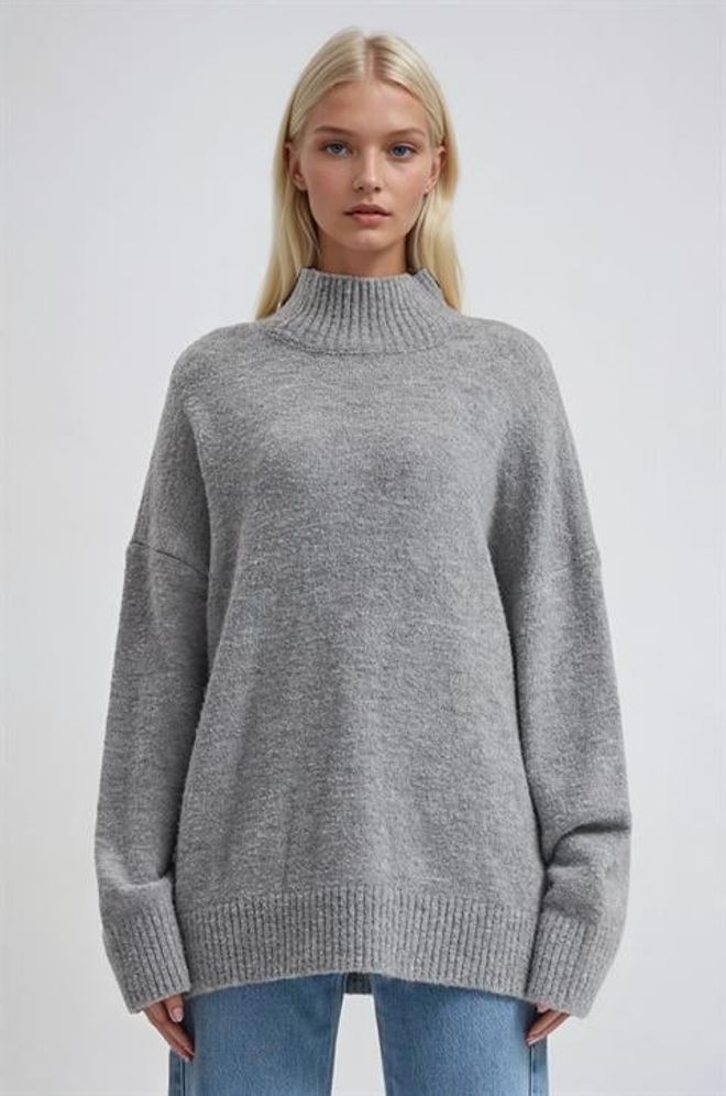 Sobe Istanbul Maglione Grigio Oversize Con Collo Alto Abbigliamento all'ingrosso Casuale