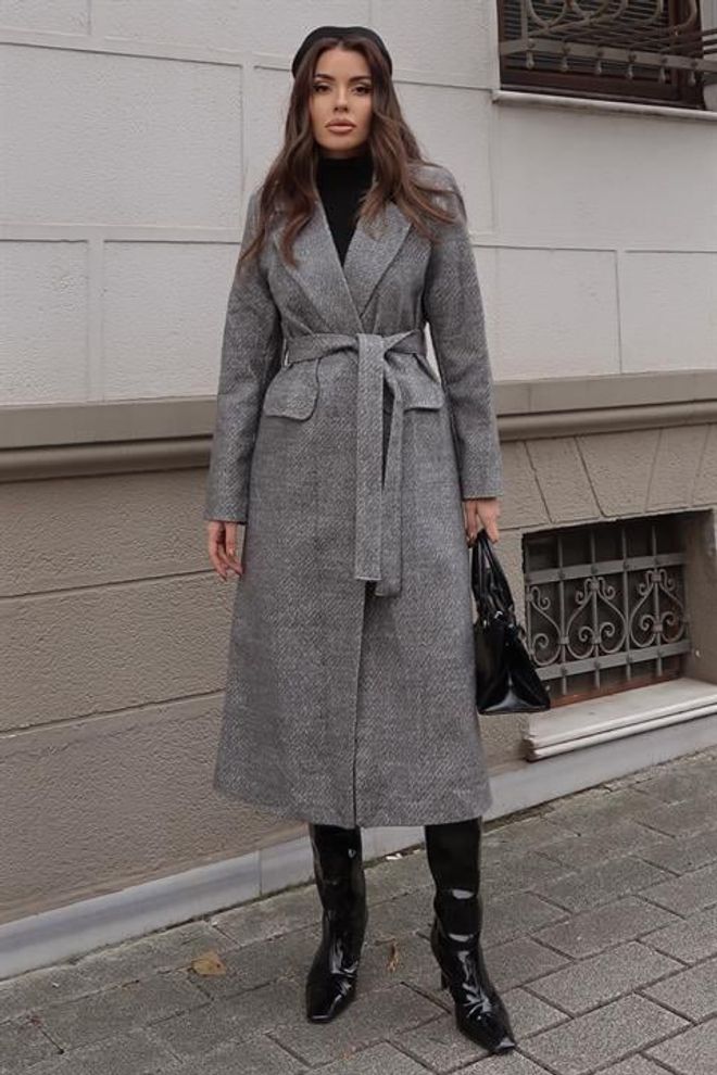 Sobe Istanbul Pilkas Elegantiškas Vienos Eilės Paltas Su Diržu Didmeninė prekyba drabužiais Kokteilinė