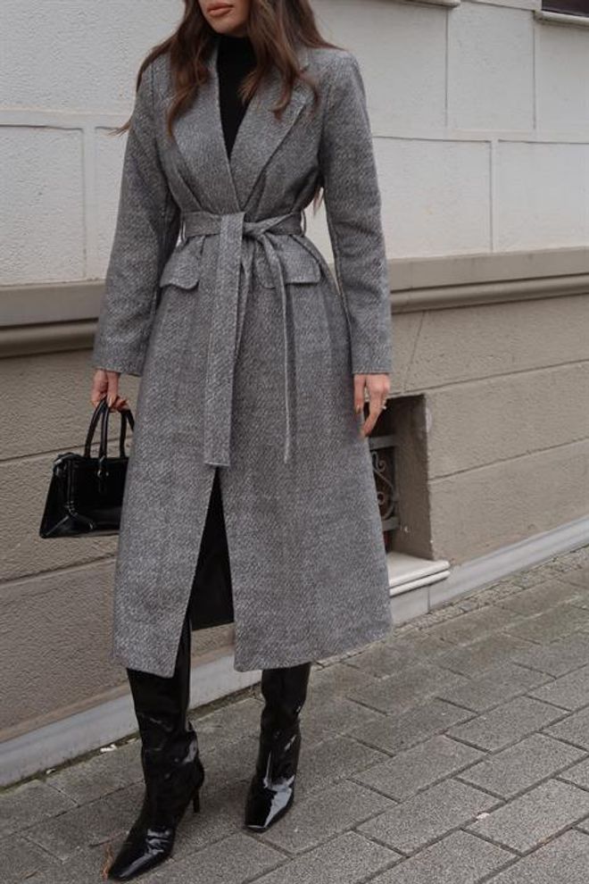 Sobe Istanbul Grey Elegant Single Breasted Wrapover Coat Wholesale Clothing Vintage