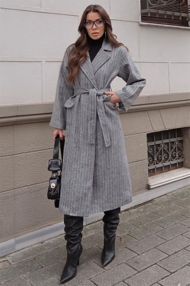 Sobe Istanbul Grey Elegant Wrapover Coat Wholesale Clothing Work