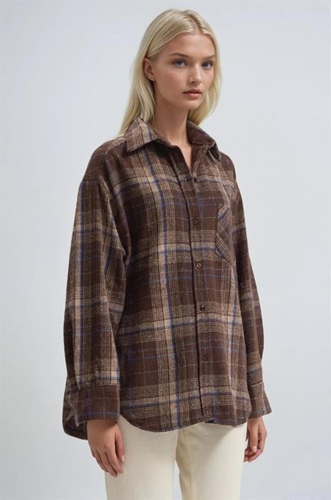 Sobe Istanbul Camicia Marrone A Quadri Oversize Con Collo Polo Abbigliamento all'ingrosso Casuale