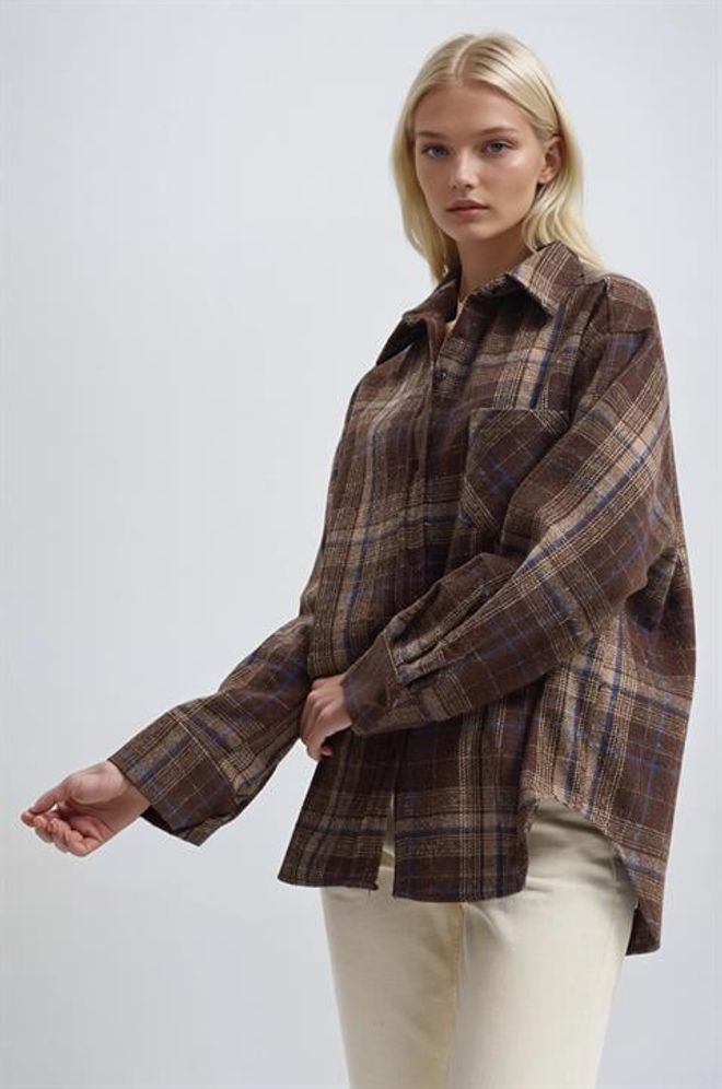 Sobe Istanbul Brown Plaid Oversized Fit Polo Neck Shirt Wholesale Clothing Fall
