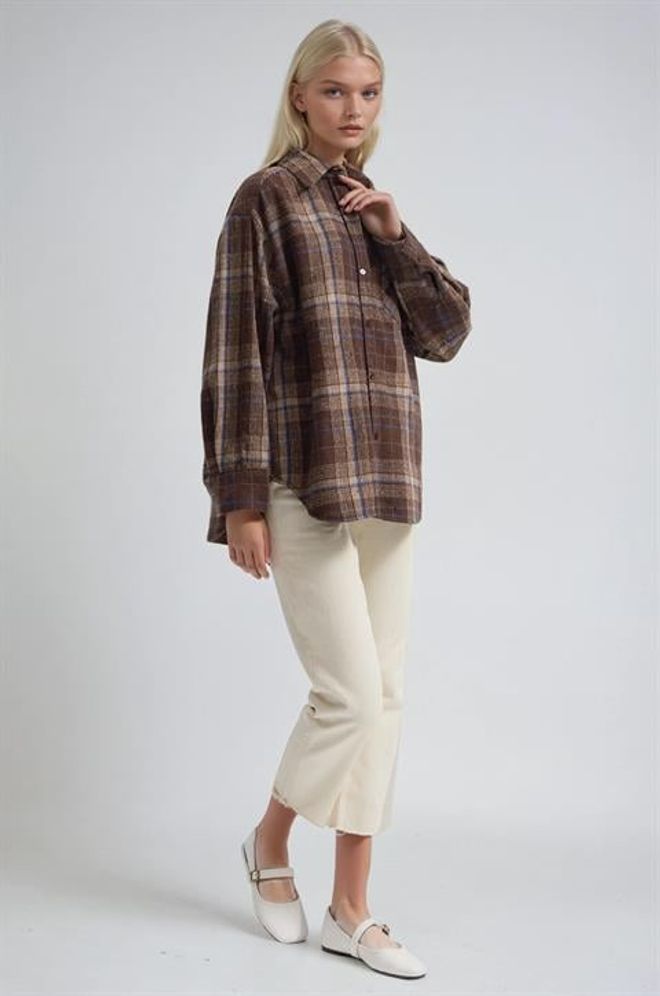 Sobe Istanbul Brown Plaid Oversized Fit Polo Neck Shirt Wholesale Clothing 5