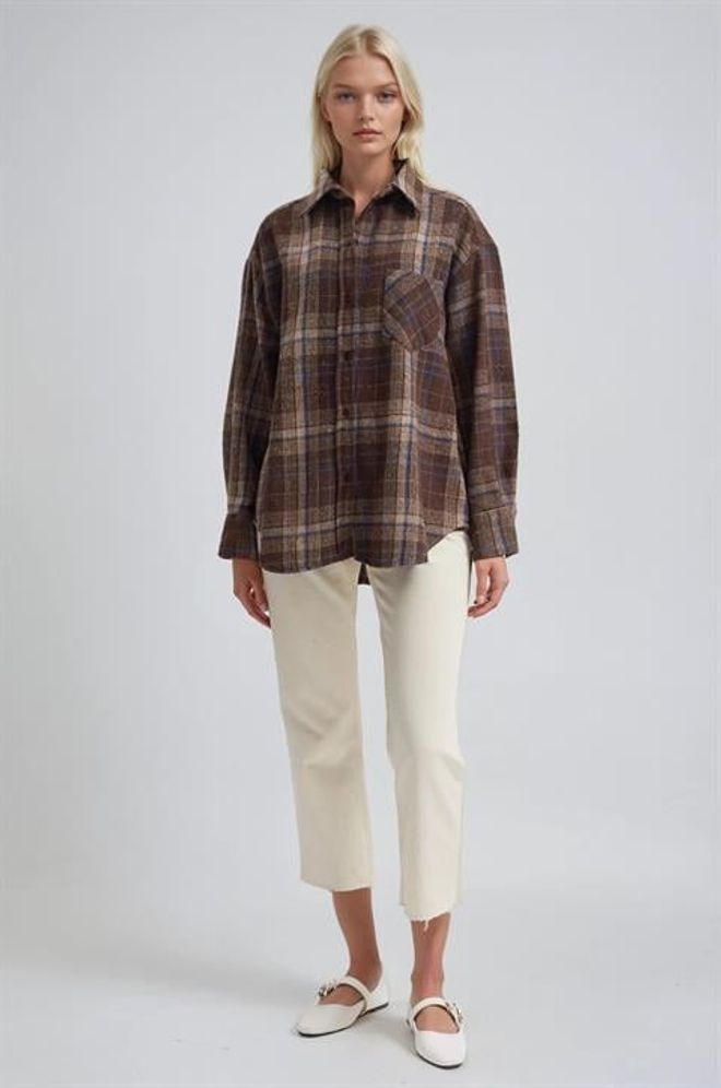 Sobe Istanbul Brown Plaid Oversized Fit Polo Neck Shirt Wholesale Clothing 1