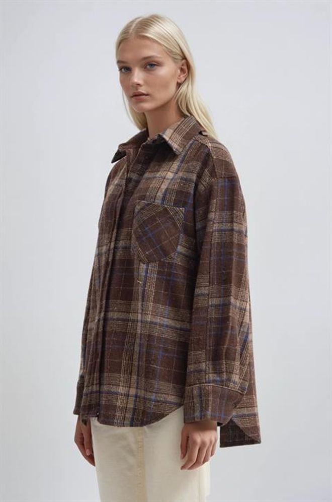 Sobe Istanbul Brown Plaid Oversized Fit Polo Neck Shirt Wholesale Clothing Vintage