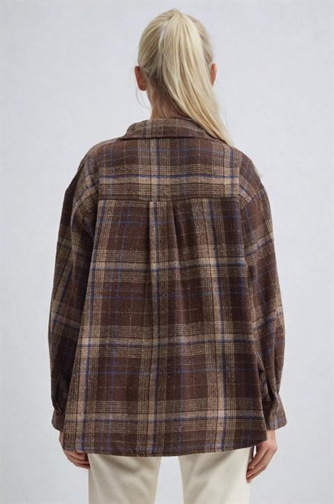 Sobe Istanbul Brown Plaid Oversized Fit Polo Neck Shirt Wholesale Clothing Work