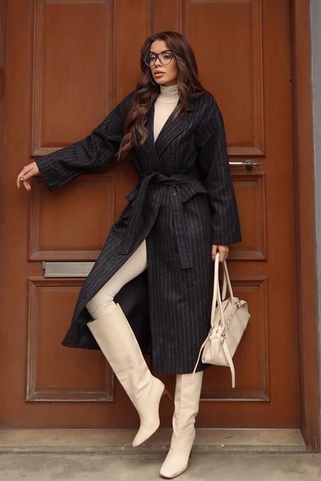 Sobe Istanbul Juodas Dryžuotas Elegantiškas Apsiaustas Paltas Didmeninė prekyba drabužiais Kokteilinė