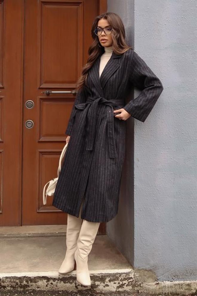 Sobe Istanbul Black Striped Elegant Wrapover Coat Wholesale Clothing 1