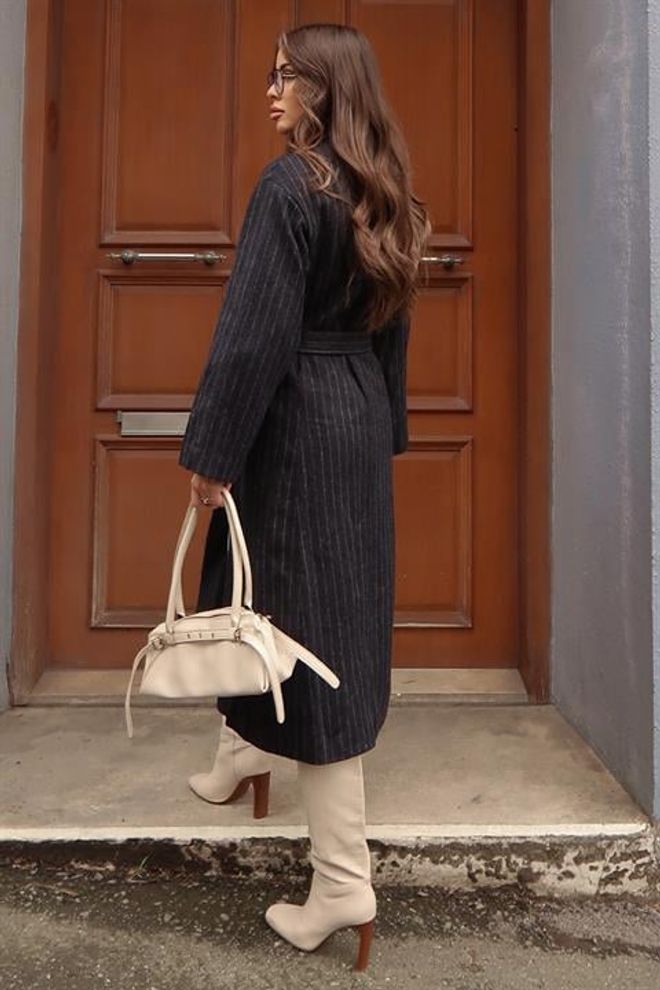 Sobe Istanbul Black Striped Elegant Wrapover Coat Wholesale Clothing Fall