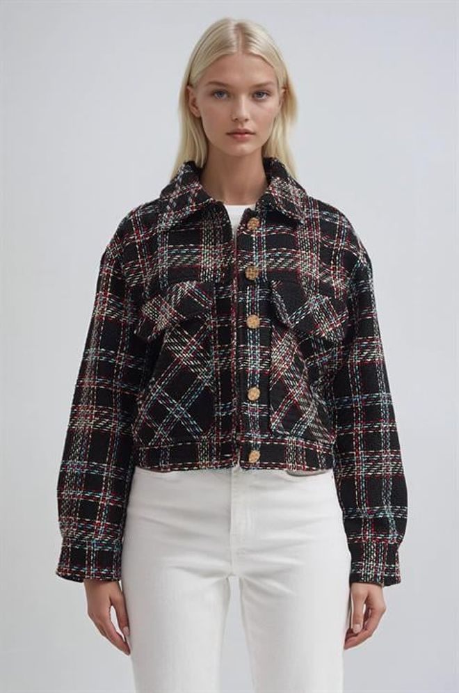 Sobe Istanbul Черная Клетчатая Куртка овершейт С Карманами С Клапаном Оптовая продажа одежды Повседневный