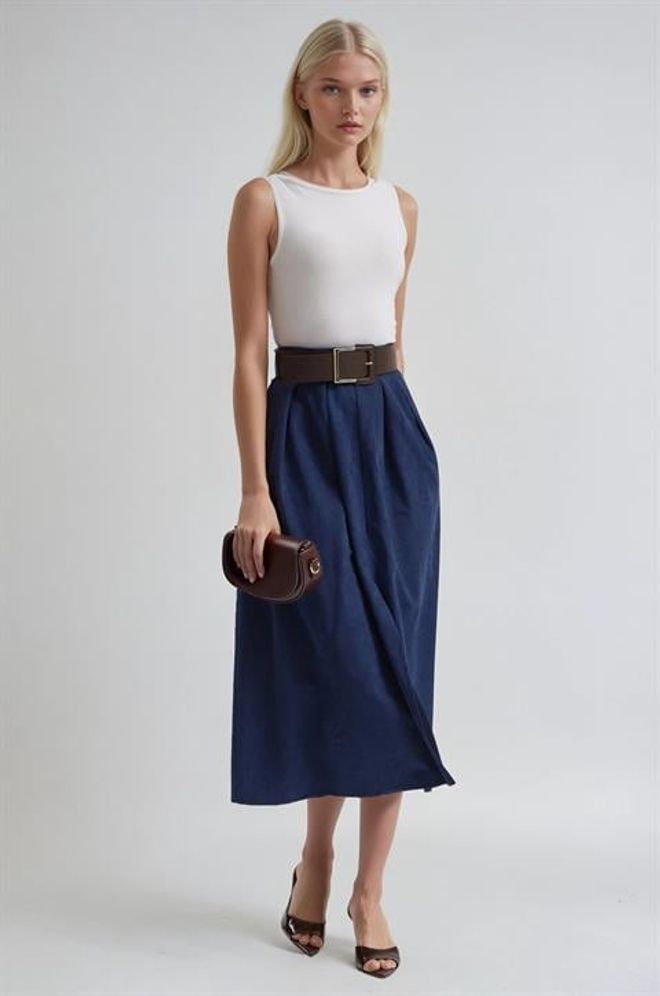 Sobe Istanbul Gonna Midi Blu Navy A Linea A Con Vita Alta E Tasche Inclinate Navy Blue A Line Midi Skirt With High Waist And Slant Pockets Abbigliamento all'ingrosso Modesto