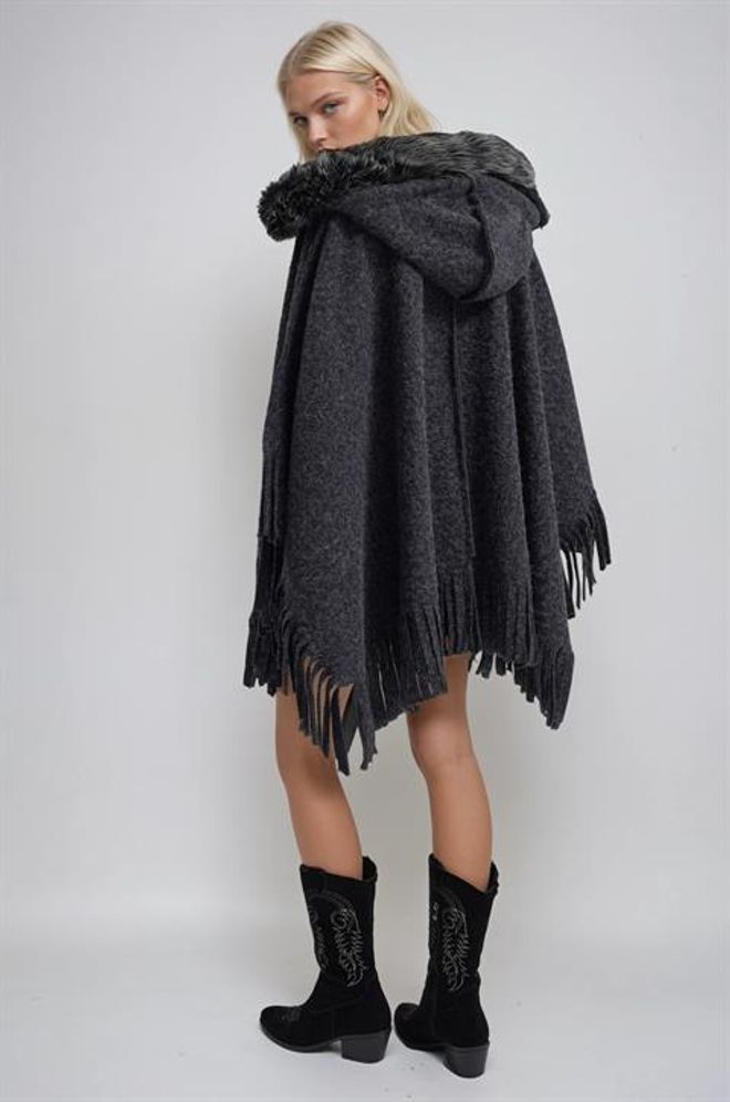 Sobe Istanbul Сив Небрежен Бохо Пончо С Качулка Дрехи на едро Работа