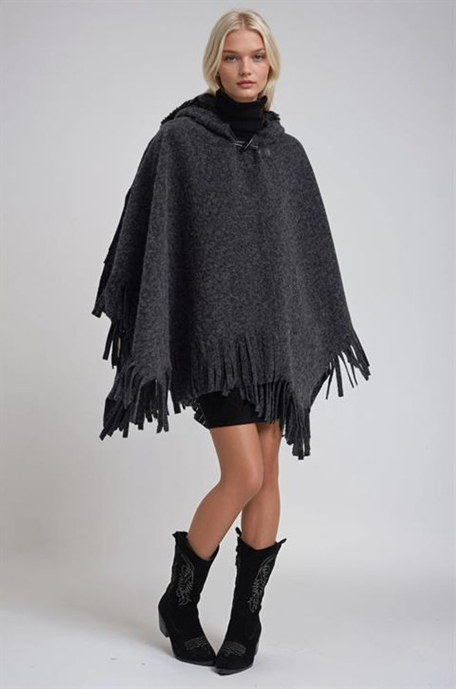 Sobe Istanbul Сив Небрежен Бохо Пончо С Качулка Дрехи на едро Свободно време