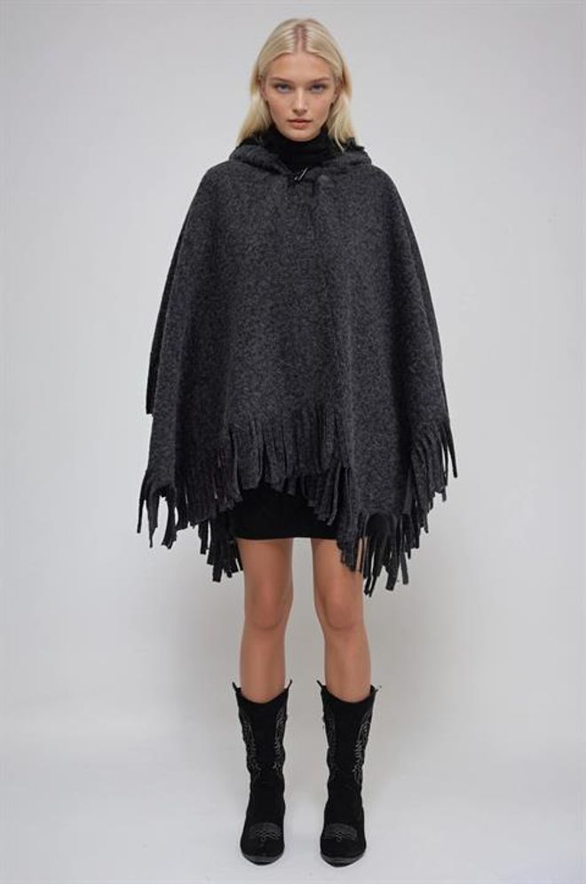 Sobe Istanbul Grey Casual Boho Poncho With Hooded Neck Wholesale Clothing Casual