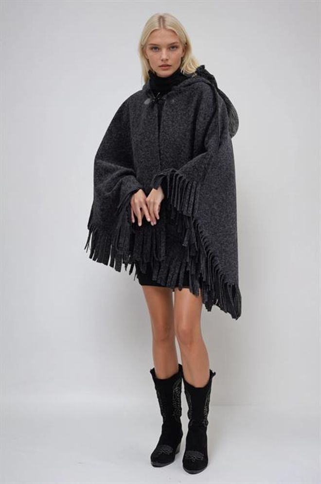 Sobe Istanbul Сив Небрежен Бохо Пончо С Качулка Дрехи на едро Есен