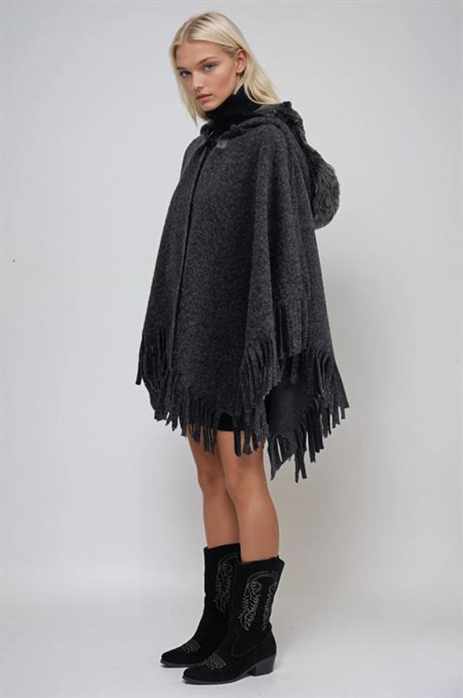 Sobe Istanbul Сив Небрежен Бохо Пончо С Качулка Дрехи на едро 1