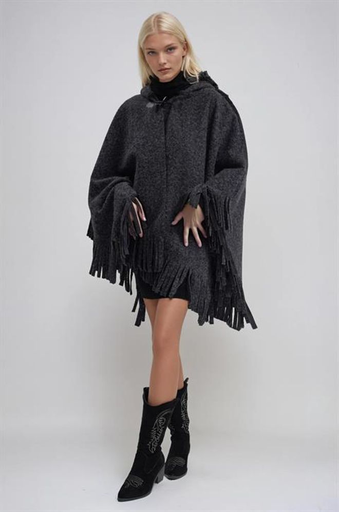 Sobe Istanbul Сив Небрежен Бохо Пончо С Качулка Дрехи на едро Бохо