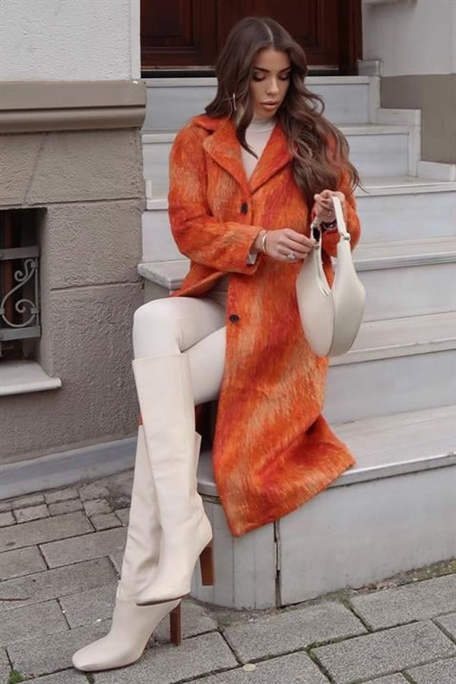 Sobe Istanbul Oranžinis Elegantiškas Ilgas Vieneilis Paltas Didmeninė prekyba drabužiais Kokteilinė