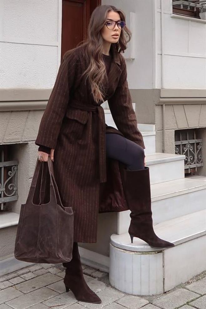 Sobe Istanbul Brown Elegant Wrapover Coat With Striped Pattern Wholesale Clothing 1
