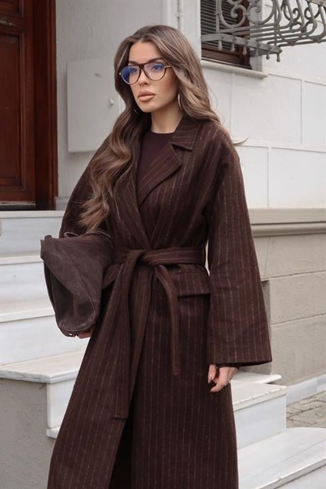 Sobe Istanbul Brown Elegant Wrapover Coat With Striped Pattern Wholesale Clothing Formal