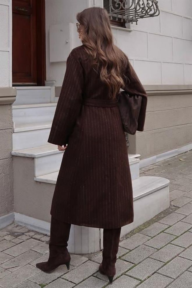 Sobe Istanbul Brown Elegant Wrapover Coat With Striped Pattern Wholesale Clothing Fall