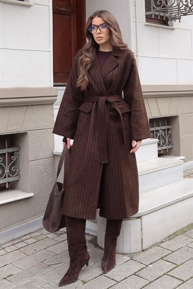 Sobe Istanbul Brown Elegant Wrapover Coat With Striped Pattern Wholesale Clothing Work