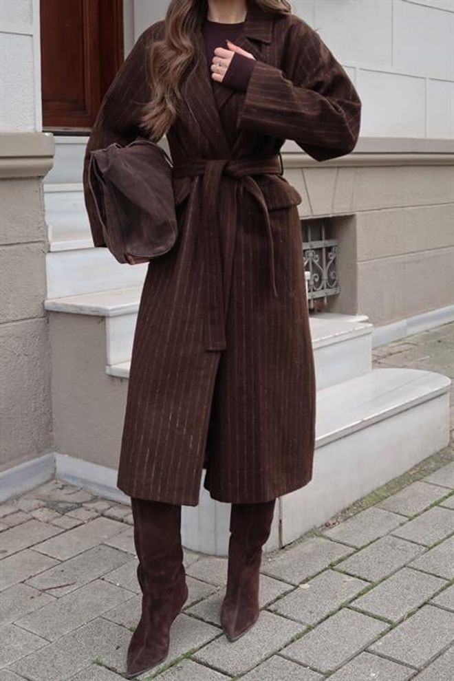 Sobe Istanbul Brown Elegant Wrapover Coat With Striped Pattern Wholesale Clothing 5