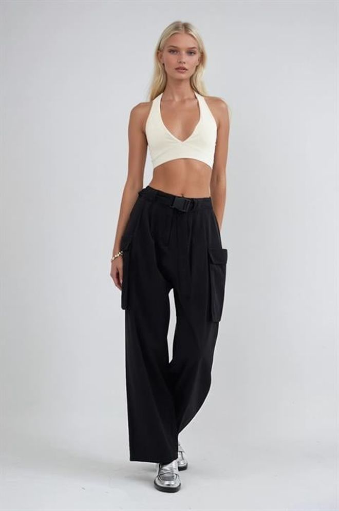 Sobe Istanbul Pantaloni Cargo Neri A Gamba Larga E Vita Alta Abbigliamento all'ingrosso Casuale