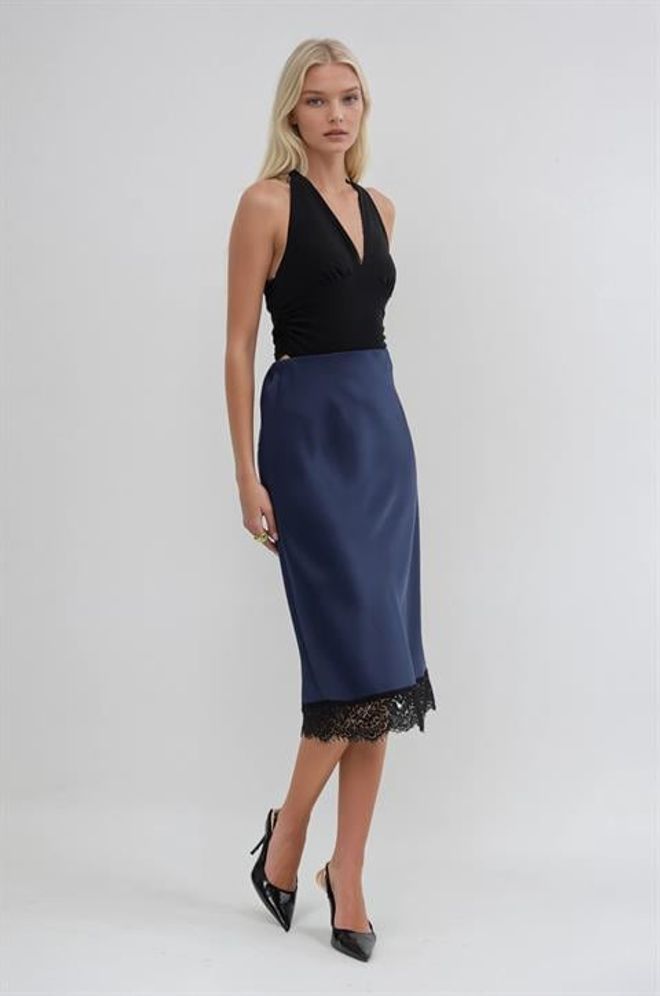 Sobe Istanbul Gonna Slip Midi Blu Navy Elegante A Vita Alta Abbigliamento all'ingrosso Sexy