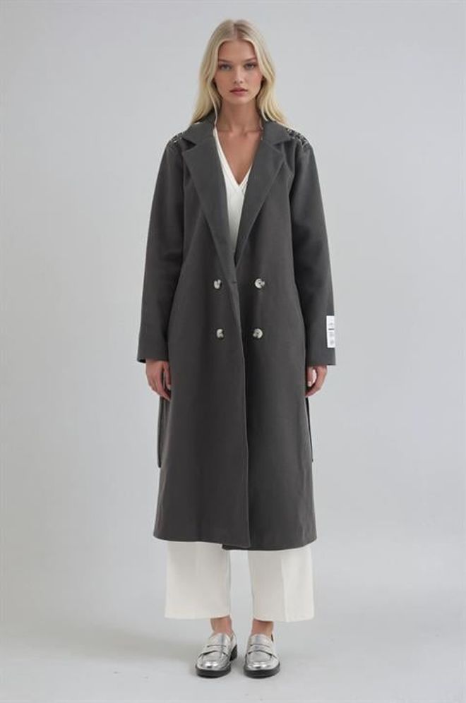 Sobe Istanbul Grey Double Breasted Wrapover Coat Wholesale Clothing Modest