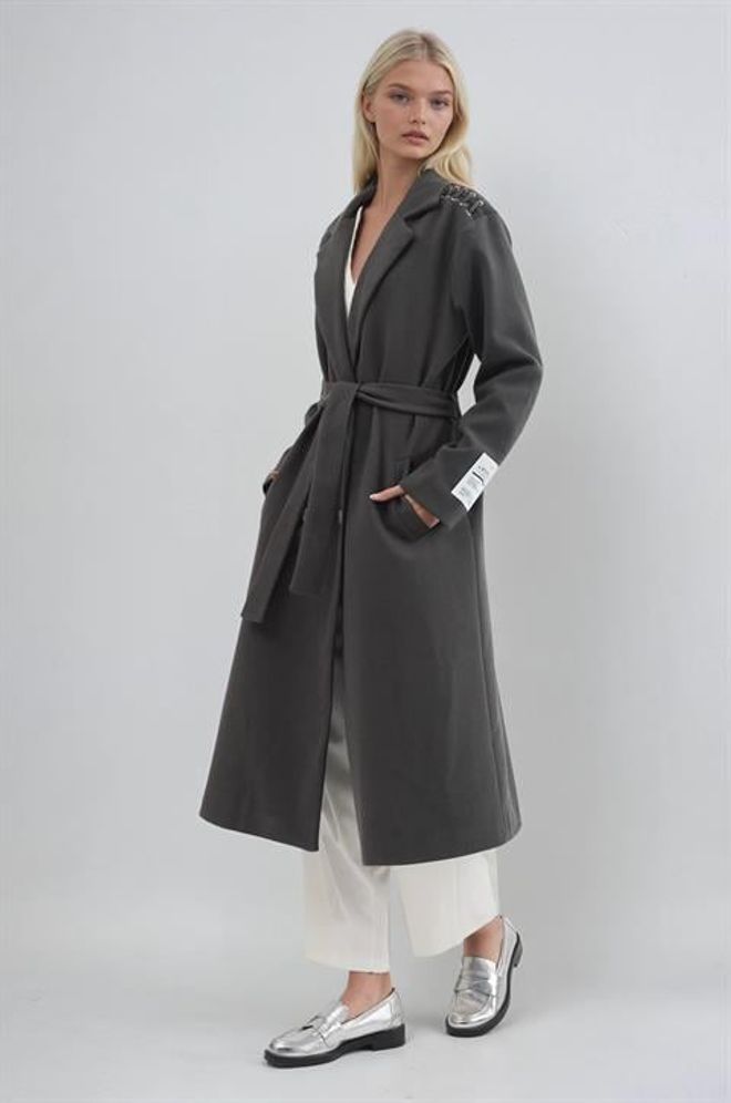 Sobe Istanbul Grey Double Breasted Wrapover Coat Wholesale Clothing Work