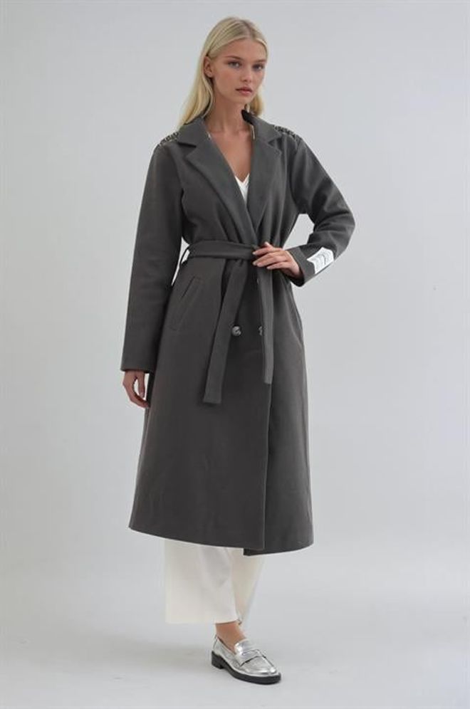 Sobe Istanbul Grey Double Breasted Wrapover Coat Wholesale Clothing Casual