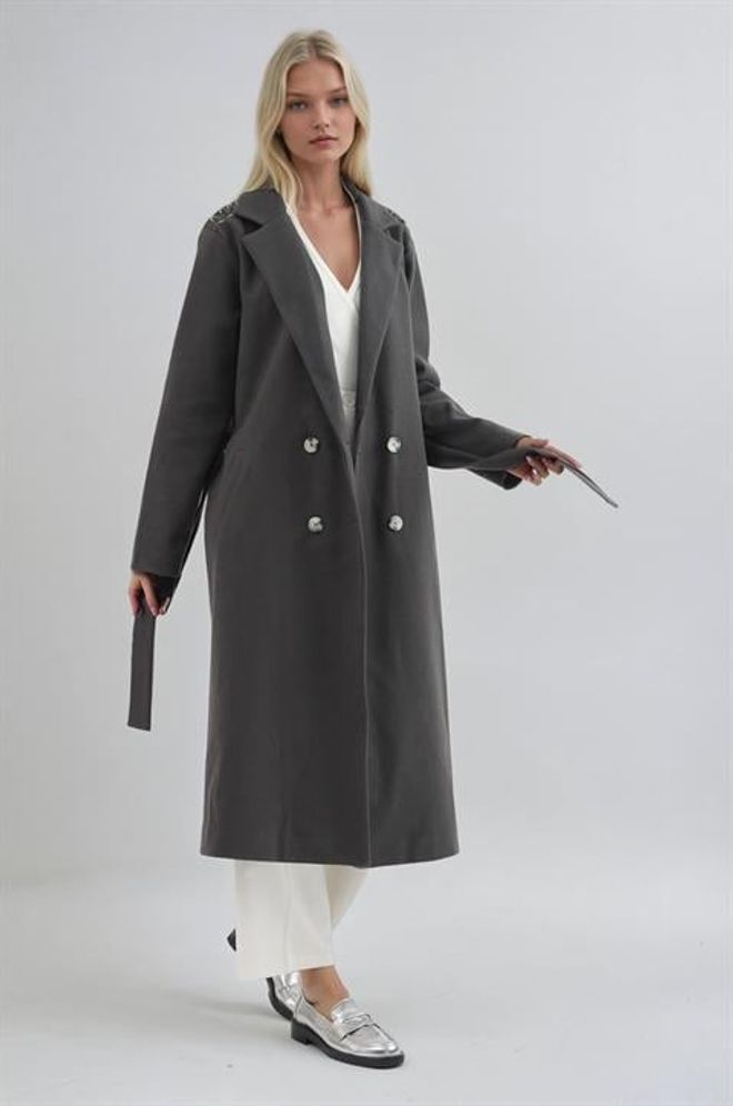 Sobe Istanbul Grey Double Breasted Wrapover Coat Wholesale Clothing 1