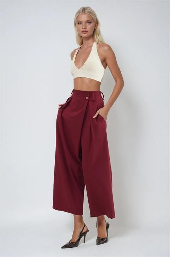 Sobe Istanbul Claret Red Palazzo Pants With High Waist Wholesale Clothing 1