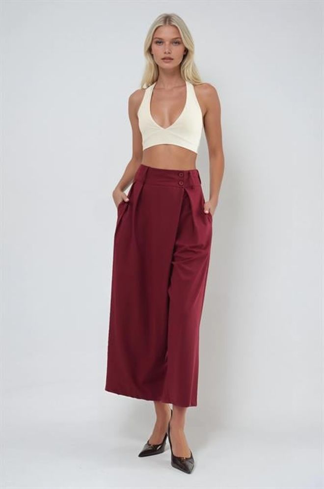 Sobe Istanbul Claret Red Palazzo Pants With High Waist Wholesale Clothing Formal
