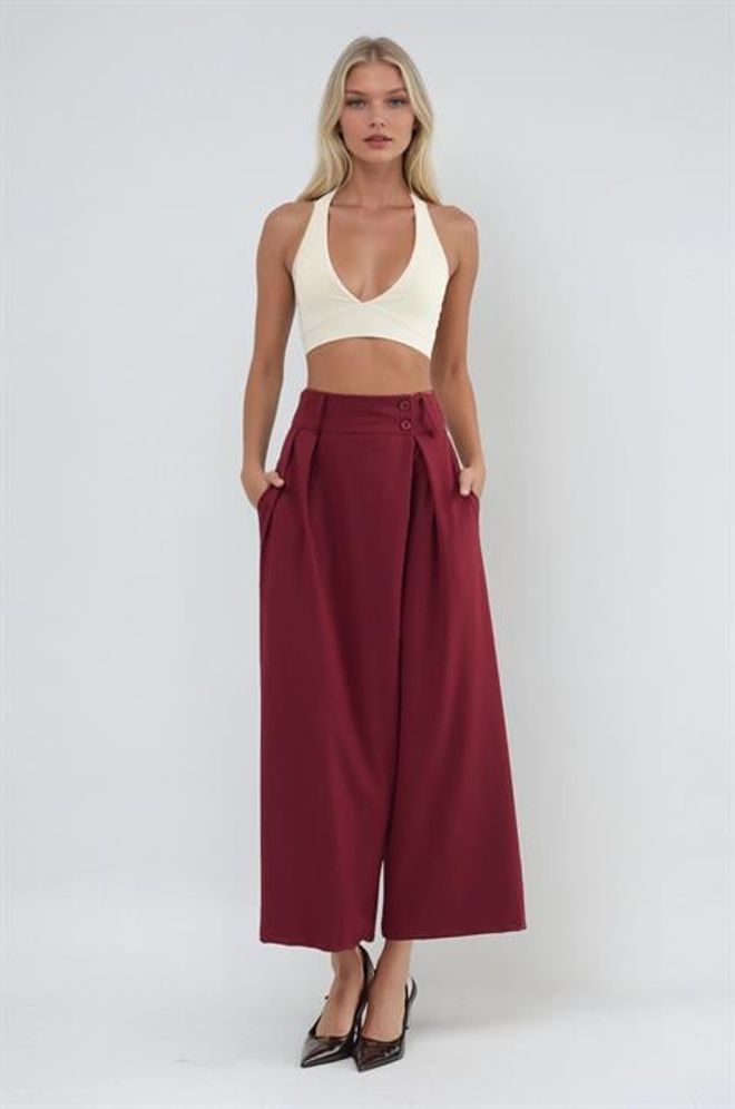 Sobe Istanbul Claret Red Palazzo Pants With High Waist Wholesale Clothing Casual