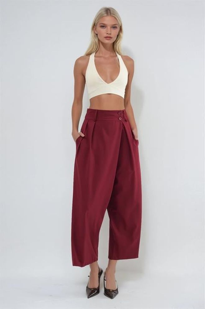 Sobe Istanbul Claret Red Palazzo Pants With High Waist Wholesale Clothing Work