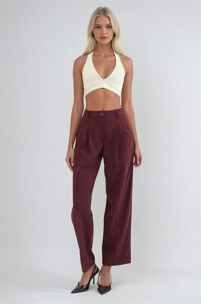 Sobe Istanbul Claret Red Palazzo Pants High Waist Straight Leg Wholesale Clothing Work