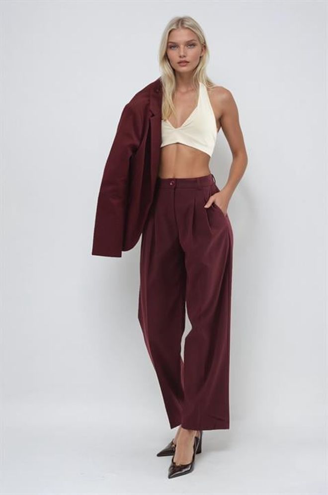 Sobe Istanbul Claret Red Palazzo Pants High Waist Straight Leg Wholesale Clothing Casual