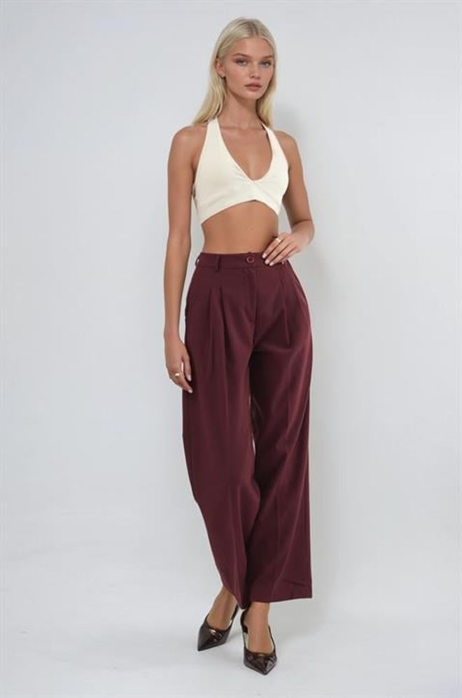 Sobe Istanbul Claret Red Palazzo Pants High Waist Straight Leg Wholesale Clothing 5