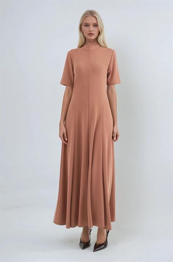 Sobe Istanbul Brown Elegant A Line Dress With High Neck Wholesale Clothing Modest