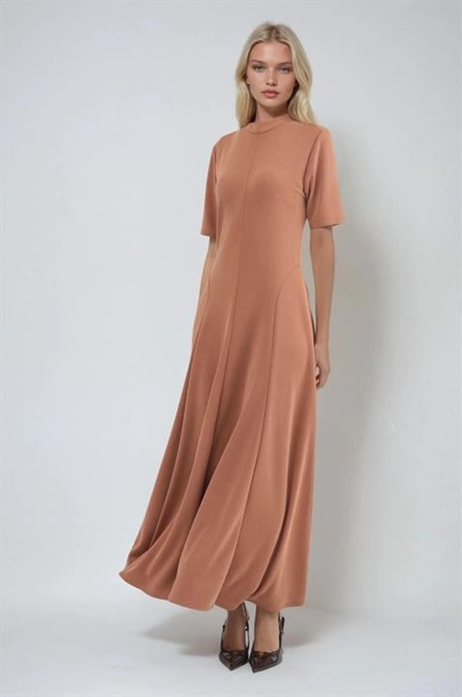 Sobe Istanbul Brown Elegant A Line Dress With High Neck Wholesale Clothing Spring