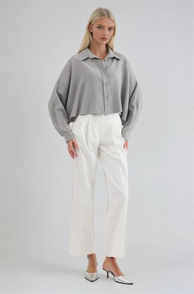 Sobe Istanbul Grey Shirt With Notched Neck And Oversized Fit Wholesale Clothing Spring