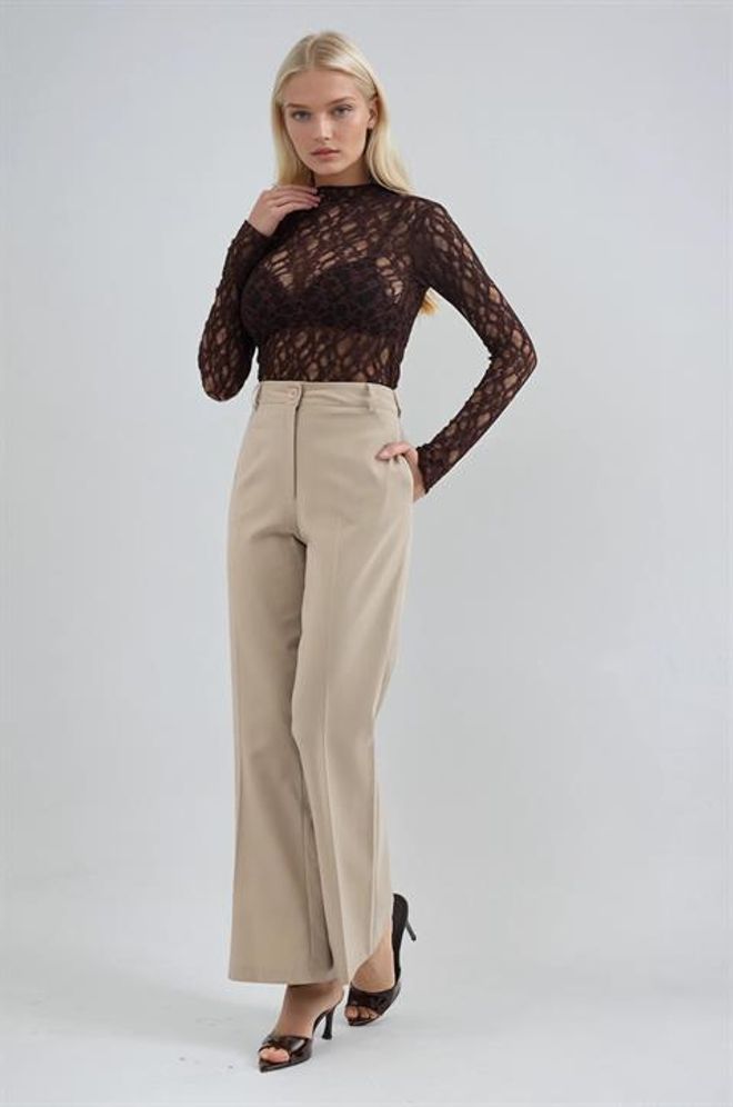 Sobe Istanbul Beige Elegant Bootcut Pants With High Waist Wholesale Clothing Lounge