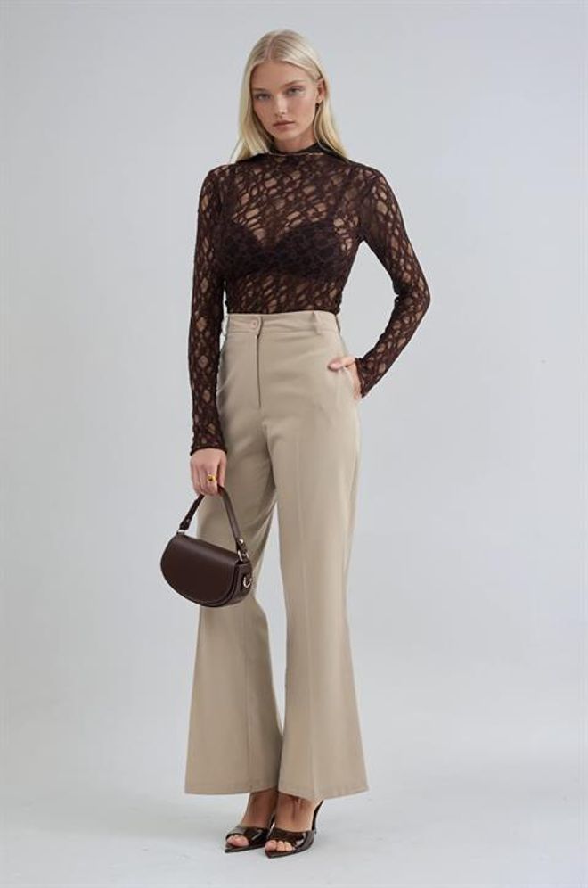 Sobe Istanbul Beige Elegant Bootcut Pants With High Waist Wholesale Clothing Formal