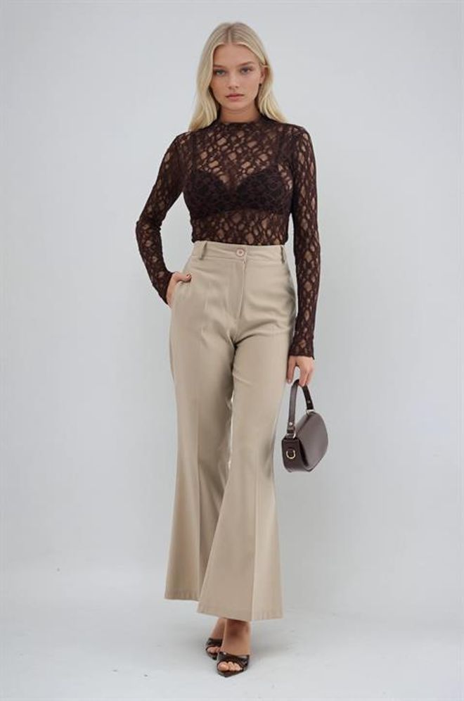 Sobe Istanbul Beige Elegant Bootcut Pants With High Waist Wholesale Clothing 1