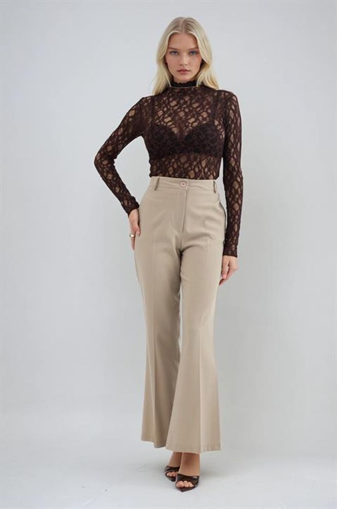 Sobe Istanbul Beige Elegant Bootcut Pants With High Waist Wholesale Clothing Spring
