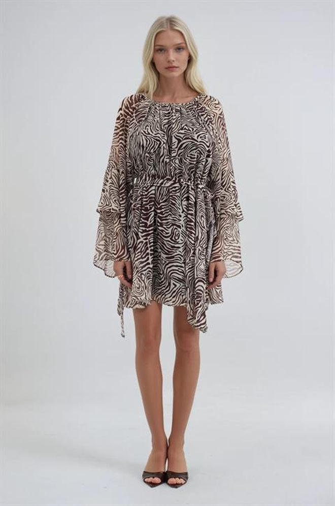 Sobe Istanbul Μπεζ Μίνι Φόρεμα Α γραμμή Με Animal Print Χονδρικό εμπόριο ενδυμάτων Casual